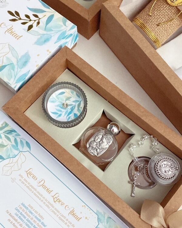 Set Botellita Italiana con Velita y Mini Denario con Medalla San Benito – Recuerdo de Bautizo Personalizado